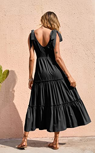 Image of PRETTYGARDEN Women's Cross Neck Summer Sleeveless Tiered Maxi Dress Beach Tie Strap Smocked Long Dresses Pleated Sundress