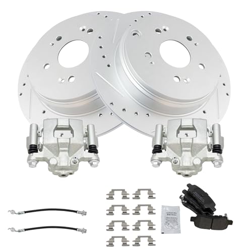 Image of TRQ Performance Rear Brake Pad and Rotor Set Semi Metallic Slotted Drilled | For 2013 Nissan Altima