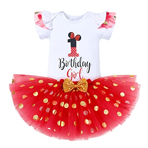 Ibtom Castle Cake Smash 1St 2Nd 3Rd Birthday Girl Princess Outfit Top Romper Polka Dots Dress Halloween Ruffle Tulle Tutu Skirt Set Wild One Party Bodysuit First Communion Christening Set Red-1St 1T #TOP14