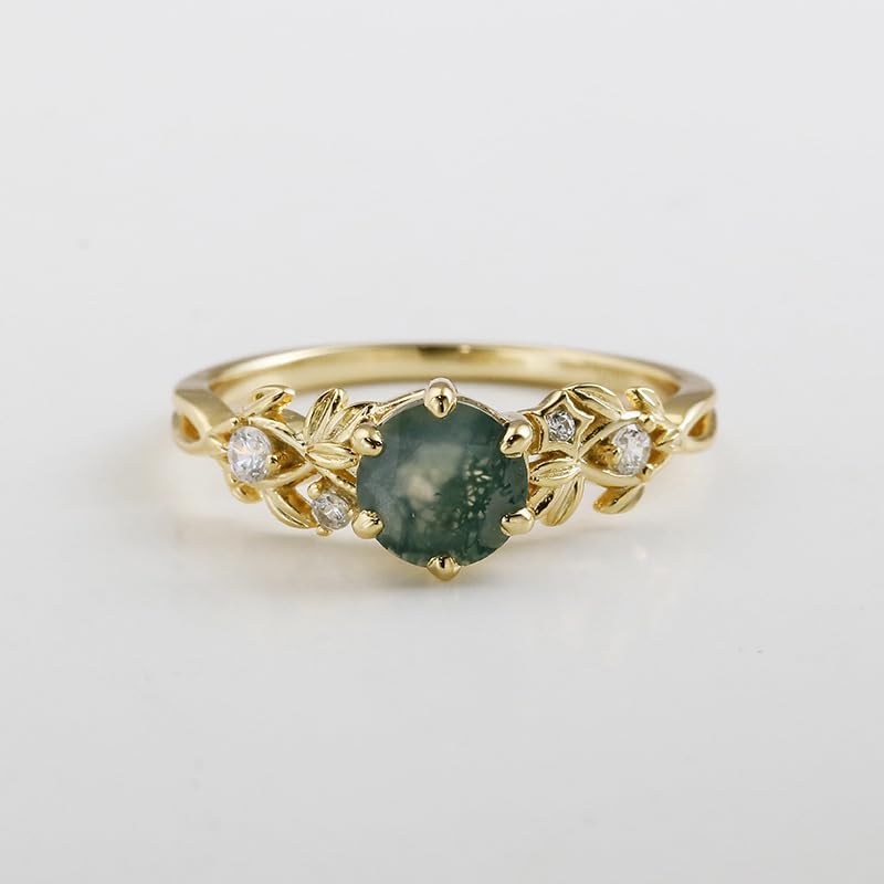 Natural Moss Agate Ring 14K Gold Plated 925 Sterling Silver Leaf Gemstone Promise Ring for Her Birthday Engagement Anniversary Jewelry for Women2
