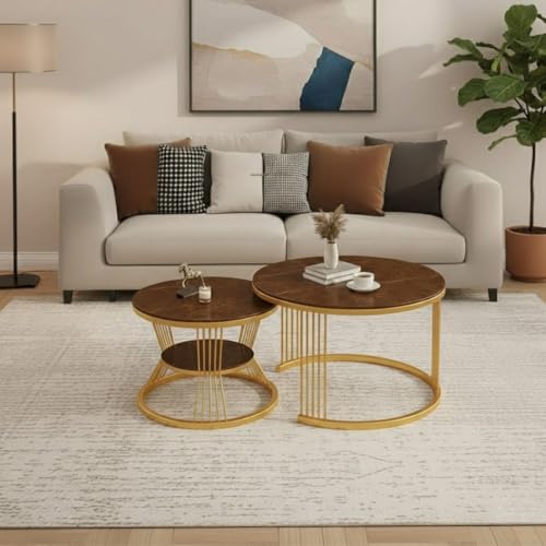 Image of Modern Nested Coffee Table Set of 2 | Round Marble Finish Tabletop with Metal Base | Luxury Center Table for Living Room, Lounge & Office (Gold Brown)
