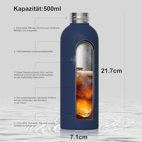WATERSY Thermosflasche 500ml Edelstahl Trinkflasche, BPA-freie Water Bottle Auslaufsicher Wasserflasche Sport Thermoskanne 24h Kalt & 12h Warm, Dunkelblau