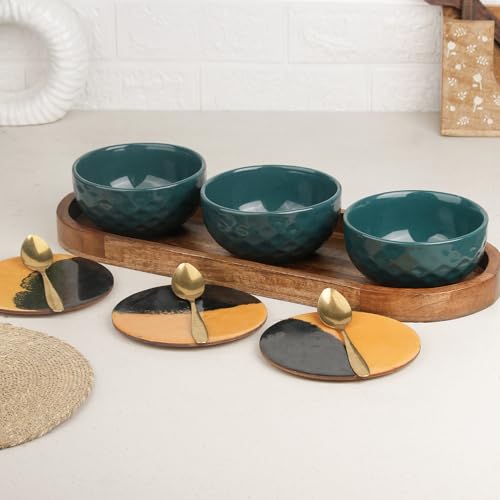 Image of The Earth Store Teal Diamond Ceramic Bowl Serving Set - 3 Bowls (500ml Each) with Wooden Tray, 3 Spoons & 3 Multipurpose Lids /Coaster - for Snacks, Curries, Desserts & Fruits