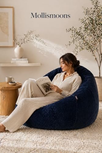 Image of Mollismoons Faux Fur Bean Bag Chair Cover for Adults & Kids | Luxury Lounger & Round Floor Sofa Seating | Modern Cozy Feel | No Beans Included (Navy Blue, Teardrop)