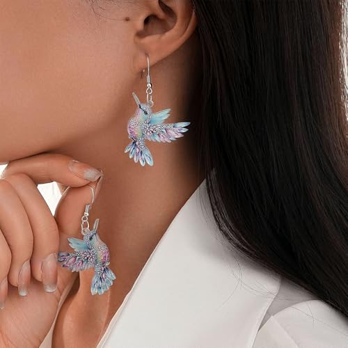 Hummingbird Earrings, Clip on Earrings for Women Non Pierced Screw Back Hypoallergenic 2D Acrylic Dangling Novelty Fun Blue Colorful Cute Humming Bird Drop Dangle Jewelry2