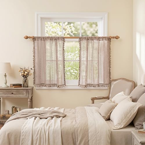 Image of MYSKY HOME Lace Tier Curtains 30 Inch Length 2 Panels Kitchen Cafe Sheer Short Boho Half Country Rod Pocket Curtains for Small Windows Basement Bathroom, 34 inch Wide Each Panel, Brown