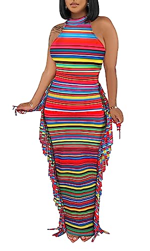 Image of YUEWOO 2 Piece Outfits for Women Sexy Crop Top Ruched Bodycon Maxi Dresses Fringe Skirt Sets Night Club Jumpsuits