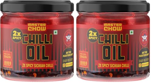 Image of MasterChow 2X Spicy Sichuan Chilli Oil (170g) | Extra Hot | Made with Sichuan Peppercorns, Crunchy Garlic & Red Chillies | All Purpose Condiment | Eat With Momos, Pizza, Noodles (Pack of 2)