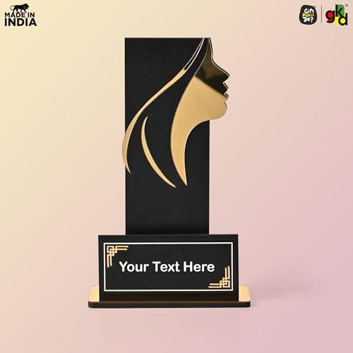 Image of GKD Personalized Black Acrylic Women's Trophy - Printed Custom Name & Message | Female Achievement Award, Corporate Recognition, Leadership Gift