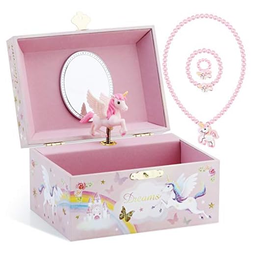 RR ROUND RICH DESIGN Musical Jewelry Glitter Storage Box and Jewelry Set for Little Girls with Spinning Unicorn and Rainbow - Over the Waves Tune Pink