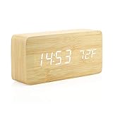 OCT17 Wooden Digital Alarm Clock, Wood Fashion Multi-Function LED Alarm Clock with USB Power Supply, Voice Control, Timer, Thermometer - Bamboo