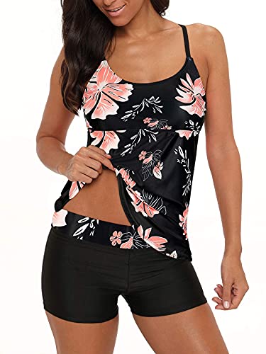 Womens Tankini Swimsuits Two Piece Swimsuits Boyshorts Bathing Suits Plus Size Swimming Suit Athletic Swimwear Black&Pink Floral 6-8