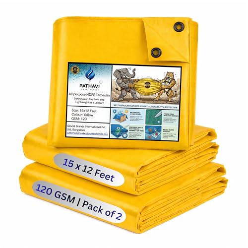 Image of Premium 15x12ft Yellow Tarpaulin, Thadika, 120GSM Virgin Tharpai Sheet, Heavy Duty Waterproof Tadpatri Cover with Reinforced Eyelets & UV Protection, Ideal for Trucks, Farms, HomeUse, 2 Sheets