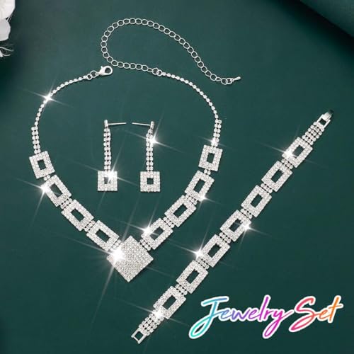 Unicra Crystal Bridal Wedding Jewelry Set Silver Rhinestone Necklace Earrings Bracelet Sets Formal Costume Jewelry for Women and Brides4