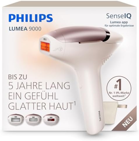 Philips Lumea 9000 IPL-Haarentfernungsgerät - Bis zu 5 Jahre lang ein Gefühl glatter Haut¹, Anwendung zu Hause, 3 Aufsätze: Körper, Gesicht, empfindliche Stellen, BRI938/00
