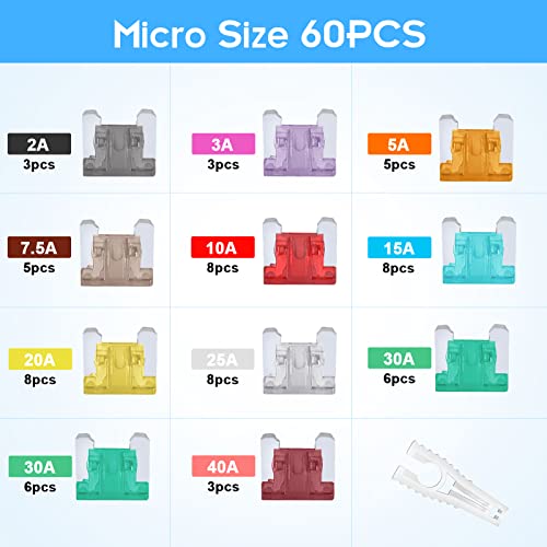 60 Mini fusibles + 60 Micro fusibles (2A, 3A, 5A, 7.5A, 10A, 15A, 20A, 25A, 30A, 35A, 40A) miniatura 2