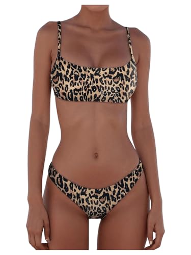 MakeMeChic Women's Bikini Sets Leopard Print Spaghetti Strap Backless Beach Swimsuit