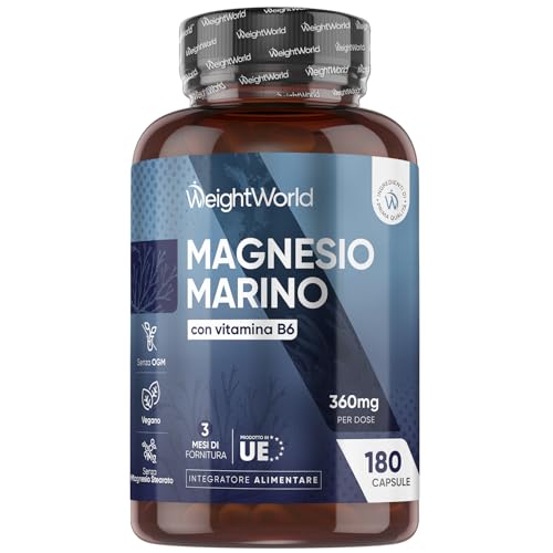 Magnesio Marino 360mg con Vitamina B6 in 180 Capsule Vegane, La Vitamina B6 Contribuisce alla Riduzione di Stanchezza e Affaticamento (EFSA), Integratore Magnesio Donna e Uomo (per 3 Mesi), Senza OGM