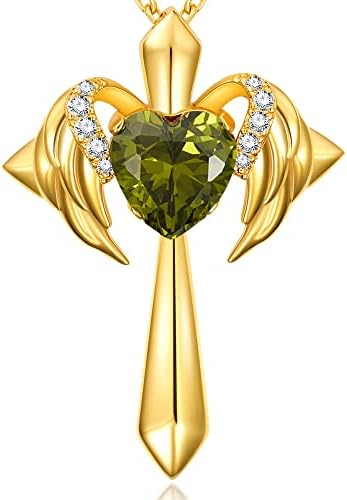 THECEROS Sterling Silver Cross Necklace for Women, Angel Wings 18K Gold Plated Birthstone Necklaces, Personalized Jewelry Gift for Women Wife Girlfriend Her