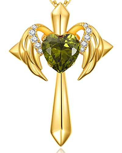 Theceros Sterling Silver Cross Necklace For Women, Angel Wings 18K Gold Plated Birthstone Necklaces, Personalized Jewelry Gift For Women Wife Girlfriend Her #TOP1