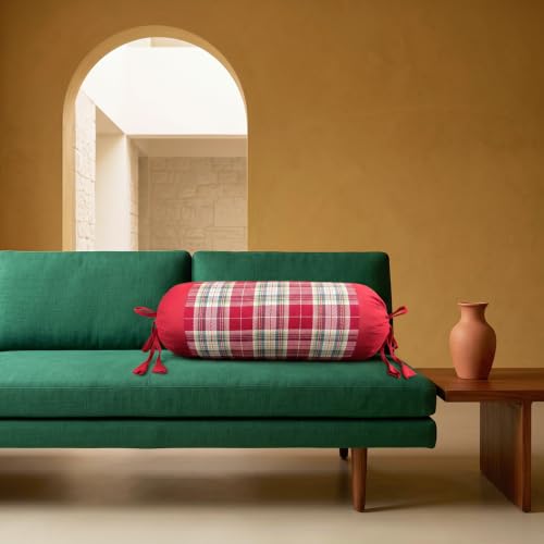 Image of SAJAVAT HOME Pure Cotton Bolster Cover | Decorative Round Cylindrical Pillow Cover for Sofa, Bed & Diwan | Soft & Breathable Cushion Cover | Red Check | Pack of 1