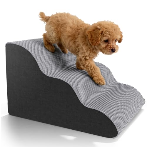 Pet Stairs for Small Dogs & Cats 3-Step Curved High Density Foam Dog Steps with Waterproof Non-Slip Cover Lightweight Pet Ramp for Bed Sofa Support Up to 60 lbs Grey