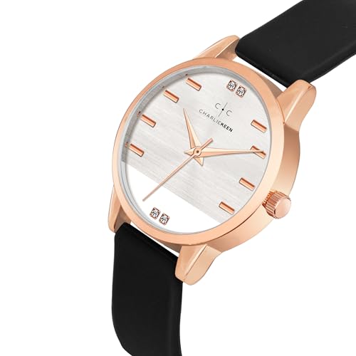 Image of CHARLIEKEEN Women's Elegant Watch with Rose Gold Case, Silicone Band, Crystal Accents, Analog Display