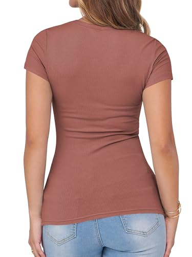 Image of Albe Rita Women Short Sleeve T-Shirt Cap V Neck Shirts for Women Ribbed Casual Top Knit Slim Fit for Summer