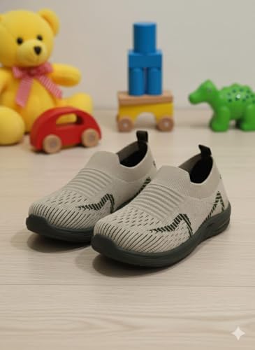Image of Kids Slip-On Knit Sneakers, Beige with Black Accents, Lightweight Walking Shoes for Kids