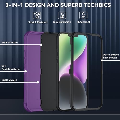 Image of SunStory Compatible with iPhone 14 Plus Case with HD Screen Protector, 3-Layer Heavy Duty Full-Body Cover,3 in 1 Hybrid Protective Case for iPhone 14 Plus 6.7 inch,Purple