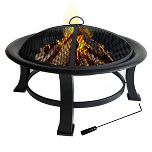 30″ Steel Wood Burning Bowl Fire Pit Round Outdoor Backyard Patio Fireplace with Protective Spark Screen, Cover & Poker, Black