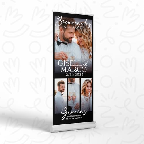Roll Up Personalizado 85x205cm Para Boda Con Estructura Metálica Lona 510gr - Personaliza Textos Y Fotos - Incluye Maletín Transportador Ideal Para Bodas De Oro, Plata, Aniversarios Y Eventos