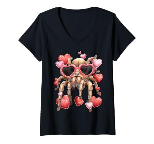 Mujer Tarantula Spider Gafas de corazón para el día de San Valentín Camiseta Cuello V