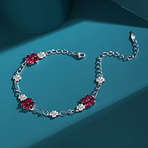 Image of JIANGXIN Lucky Four leaf clover 925 Sterling Silver Birthstone Chain Link Bracelet for Women Gemstone Jewelry Shamrock Birthday Gift 16+4cm