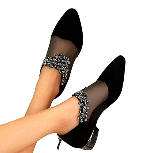 HOTRA Pointed Toe Wedding Rhinestone Slip On Suede Ankle Booties Breathable Ballet Block Heel Shoes (Color : Black2, Size : 8 US)