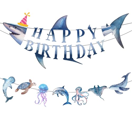NATOSU Ensemble de Bannières « Happy Birthday » - Décoration de Fête sur le Thème de la Mer pour Enfants et Garçons - Bannière d'Anniversaire Requin et Animaux Marins