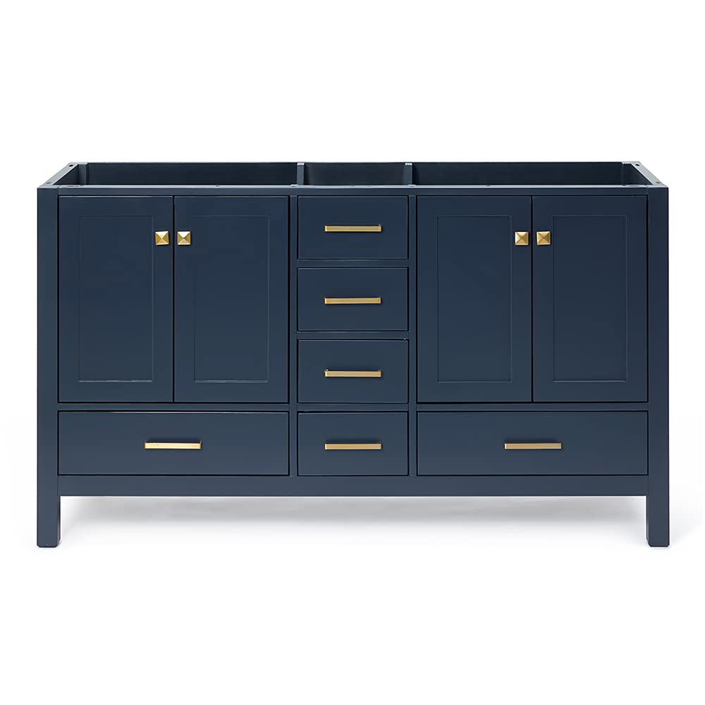 ARIEL 60" Midnight Blue Double Bathroom Vanity Base Cabinet, Double Sink Configuration, 2 Soft Closing Doors, 9 Full Extension Dovetail Drawers, Satin