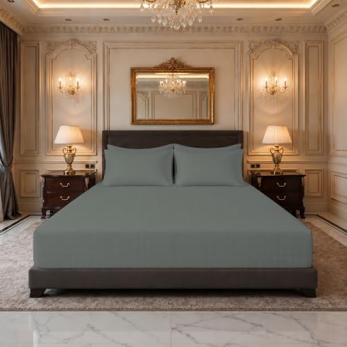 Image of LINENWALAS 300 TC Organic Bamboo Jacquard Check Fitted Bedsheet for King Bed, Silky Soft Sateen Weave with Fully Elastic Deep Pocket | Breathable, Cooling & Hypoallergenic (Charcoal Grey, 72 inchx78 inch)