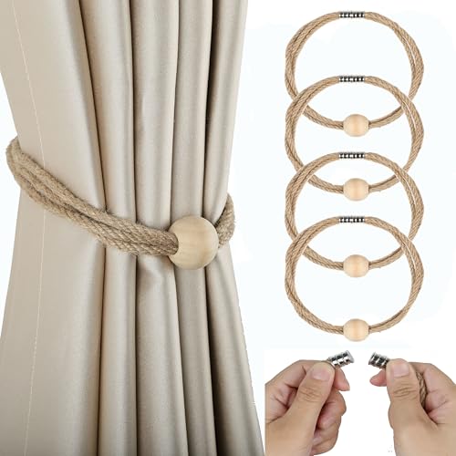 Fenghuangwu Embrasses magnétiques de rideaux en jute pour rideaux de fenêtre avec perles en bois, corde de support tissée bohème pour rideaux fins et...