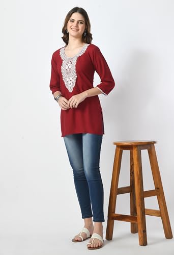 Image of LIBOZA Short Kurti for Women - Lakhnowi Chikankari Embroidered Ladies Kurta, Stylish Girls Top, Ethnic Half Kurtas, Tunic Design Woman Kurtis