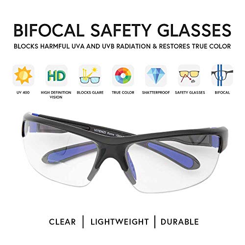 Vitenzi Bifocal Safety Glasses With Readers Wrap Around Sport Magnifying Safety Reading Protective Goggles Rome In Black 2.25 #TOP2