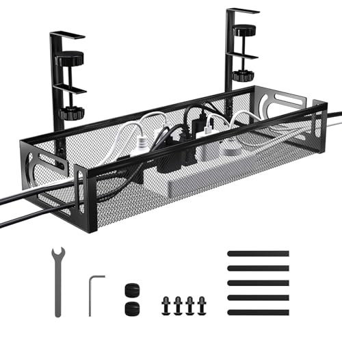 Mecmbj Porta Cavi Scrivania, Cable Management Sotto La Scrivania, Senza Trapano, Vassoio per La Gestione dei Cavi In Rete Cava per Nascondi Cable e Ordinati, per Ufficio e Casa(Nero 1,40 * 13 * 7cm)