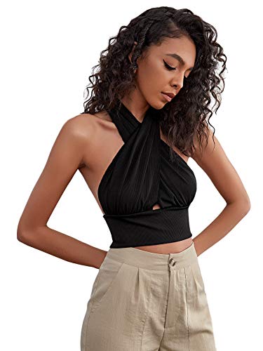 SOLY HUX Women's Criss Cross Wrap Halter Tie Back Backless Crop Top Black M