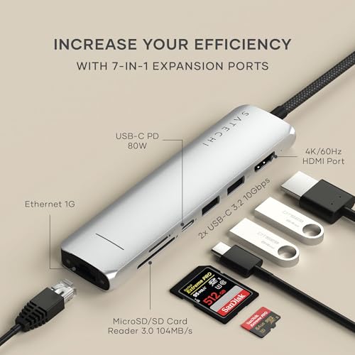 Image of Satechi 7 in 1 USB C Hub Multiport Adapter with Ethernet, HDMI 4K@60Hz, 100W PD Charging, 2X USB-A Data Ports, Micro /SD Card Readers for MacBook Air /Pro /Neo, iPad Air /Pro, Windows - Silver