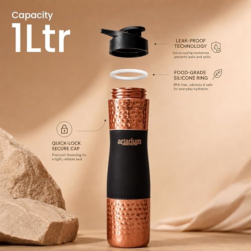 Image of Artarium Sipper Bottle 100% Pure Lightweight Copper Water Bottle Leak Proof Protection Durable & Rust Proof Hammered Copper Bottle With Added Health Benefits (Sipper Water Bottle Black 1 Litre)