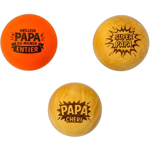 Ernestine - Lot de 3 Cochonnets Pétanque en Bois de buis du Jura - Gravés Papa - Cochonnet Fluo Inclus - Cadeau Originale Fête des Pères – Accessoire...