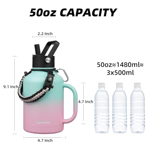 Image of BJPKPK Large Insulated Water Bottles with Straw Lid & Handle, 50oz Water Bottle with 3 Lids and Paracord Strap, Stainless Steel Metal Water Bottle, Insulated Water Jug, Marshmallow