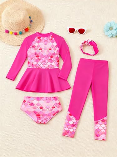 Image of GRACE KARIN Girls Long Sleeve Swimsuit Mermaid Bathing Suit Rash Guard Swimwear 4 Piece Size 5-12