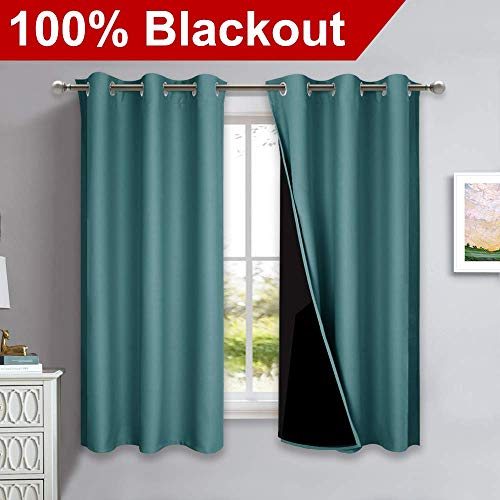 Image of NICETOWN 100% Blackout Short Curtains with Black Liners, 2 Panels, 37 inch W by 40 inch L, Sea Teal, Solid Thermal Insulated Full Blackout 2-Layer Lined Drapes, Energy Efficiency Window Draperies for Bedroom