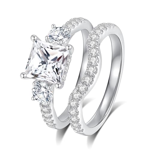 Image of Moissanite Wedding Ring Sets D Color VVS1 Moissanite Ring Sets,Moissanite Engagement Ring 18K White Gold Plated 925 Sterling Silver Moissanite Ring